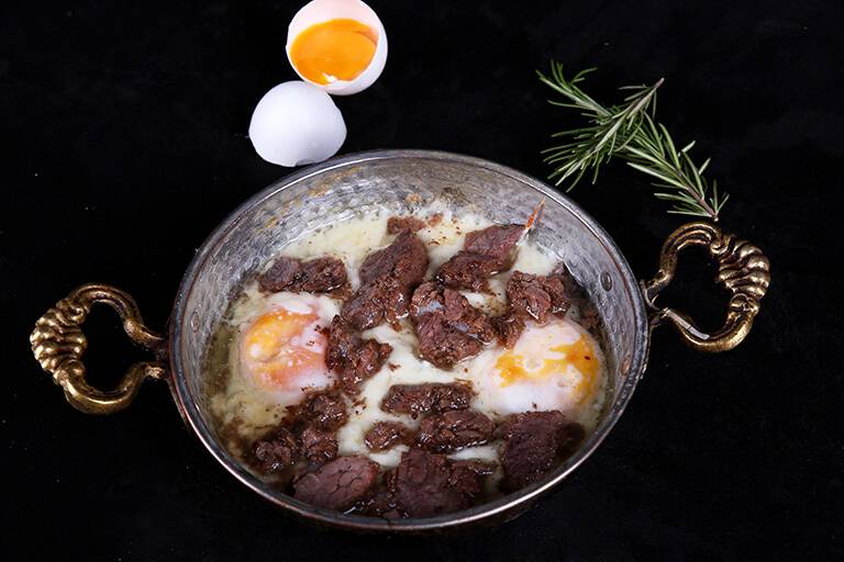 Skillet Double-Yolk Eggs with Kavurma