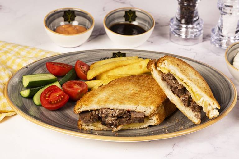 Bazlama toast with kaşar and kavurma