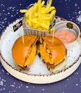 Cheeseburger with dip sauce and fries