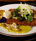 Chicken Schnitzel (220 g) with Avocado Sauce and Grilled Lemon Butter
