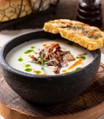 Roasted Eggplant Soup with Fresh Basil, Butter-Cumin Foam and Shredded Cheek Meat