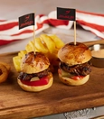 Mini Burger (Classic, Cheese, Mushroom) with Onion Rings and Fries