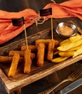 Mozzarella sticks with potatoes and special peri sauce